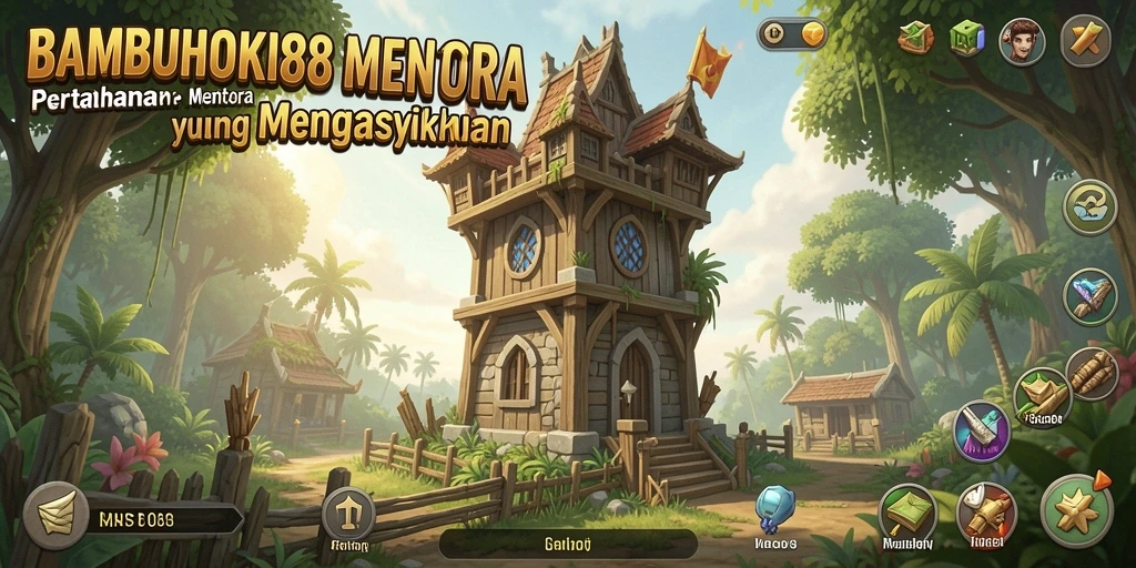 Screenshot gameplay dari BAMBUHOKI88 menunjukkan menara pertahanan yang siap menghadapi serangan musuh.