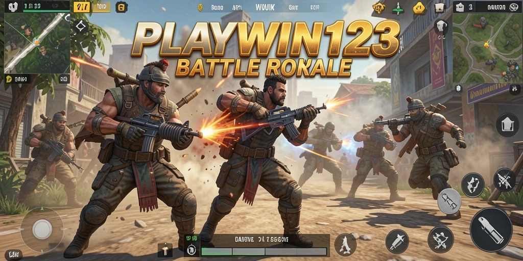 Screenshot utama dari PLAYWIN123 yang menunjukkan gameplay Battle Royale yang mendebarkan.