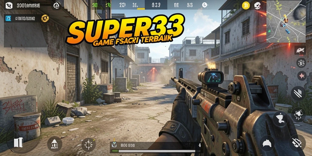 Screenshot gameplay SUPER33 menampilkan pertempuran intens dalam mode FPS.